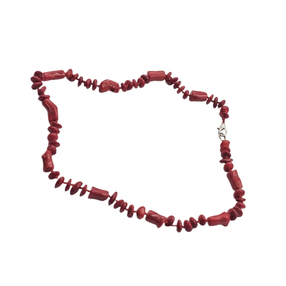 Red Coral Chip & Barrel Bead Necklace – 20